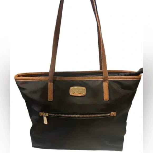 Michael Kors Kempton Black Nylon & Tan Leather Zip Top Tote Bag - Picture 11 of 12